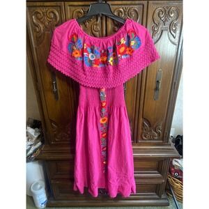 ZXD Pink Cotton Floral Embroidered Mexican Peasant Dress Off Shoulder Smocked L